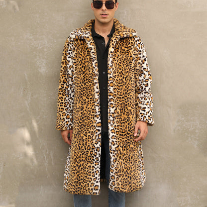 Manteau élégant pour homme en fausse fourrure à imprimé léopard noir
