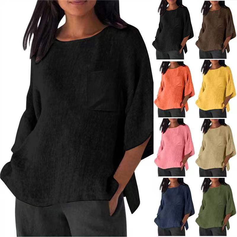 Damen Leinen Top mit Brusttasche Sommerkleidung - IdealeKleiden
