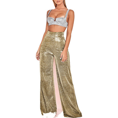 Ensemble deux pièces femme pailleté taille haute élégant