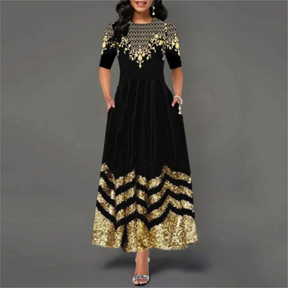 Damen Maxikleid Elegant Gold Muster Sommerkleid - IdealeKleiden