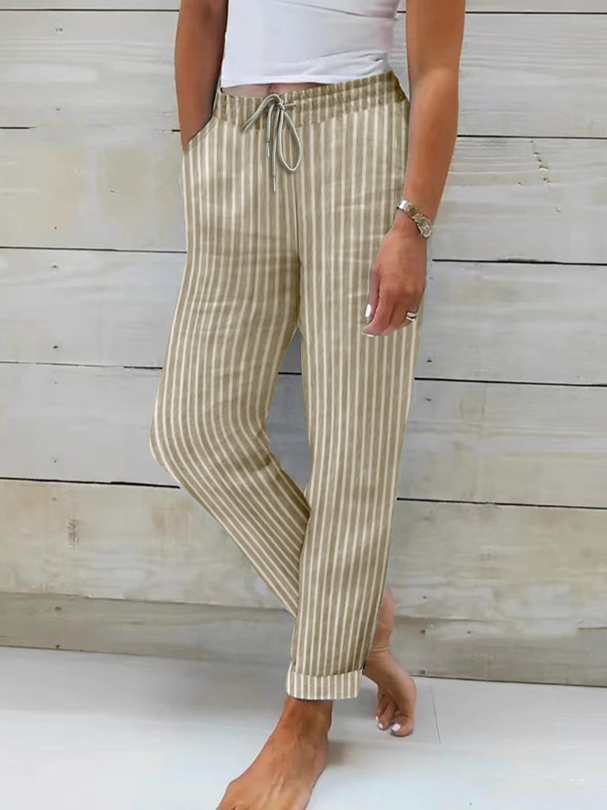 Femmes Pantalon confortable en coton à rayures Taille élastique