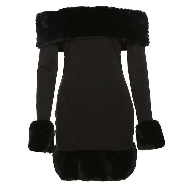 Robe d'hiver femme manches longues col en fausse fourrure douillette