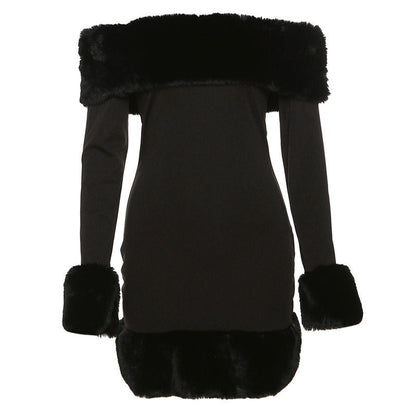 Robe d'hiver femme manches longues col en fausse fourrure douillette