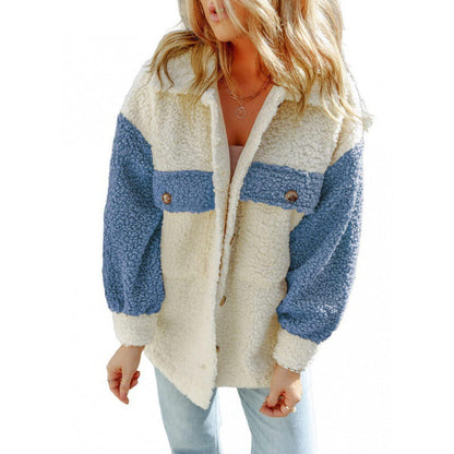Veste Teddy douce pour femme, manches contrastantes, hiver