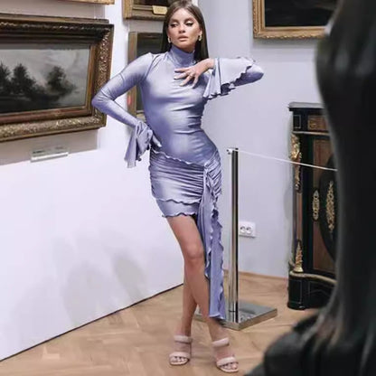 Damen Wickelkleid Elegant Rüschen Stehkragen - IdealeKleiden