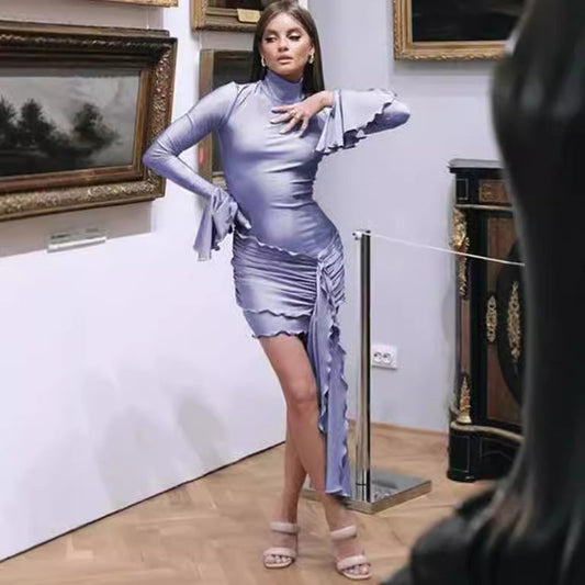 Damen Wickelkleid Elegant Rüschen Stehkragen - IdealeKleiden