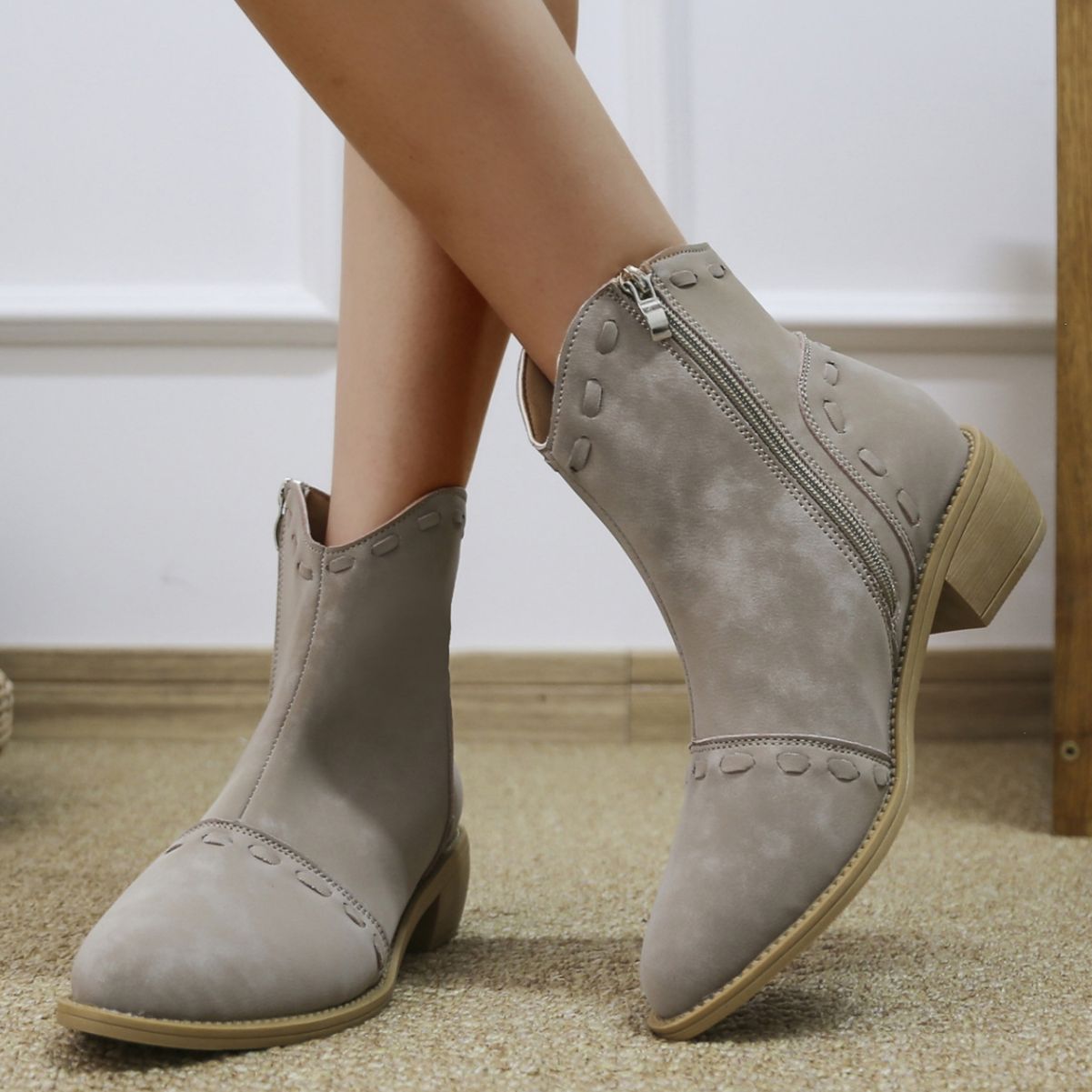 Damen Stiefeletten Elegant Schnitt Reißverschluss - IdealeKleiden