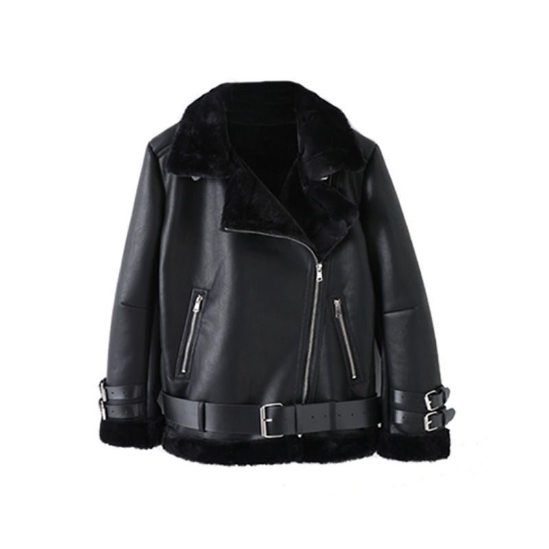 Blouson en cuir femme élégant col fourrure ajustable