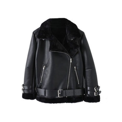 Blouson en cuir femme élégant col fourrure ajustable