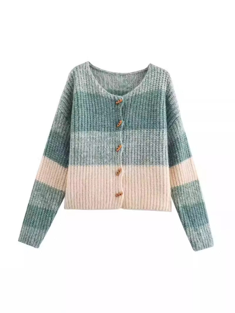 Cardigan Femme Élastique Côtes Boutons en Bois Design Élégant