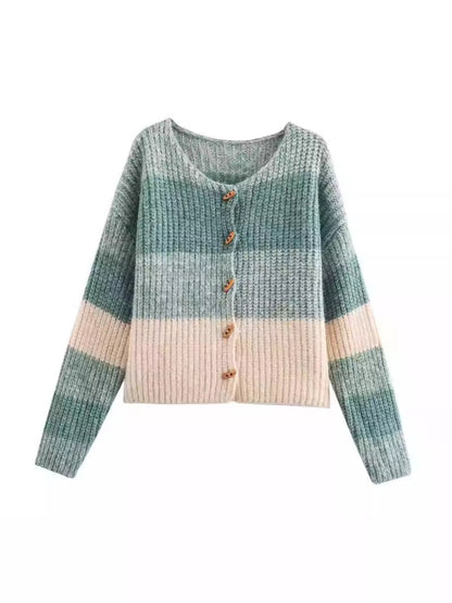 Cardigan Femme Élastique Côtes Boutons en Bois Design Élégant