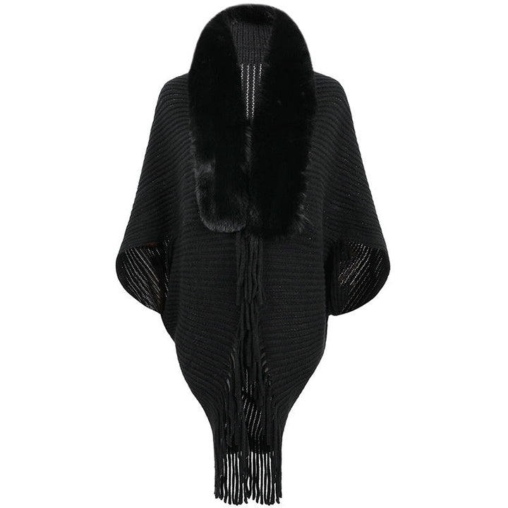 Poncho de luxe tricoté pour femme avec col en fausse fourrure et franges