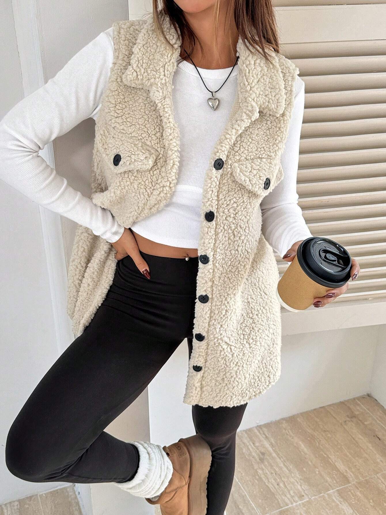 Gilet teddy doux en peluche pour femme avec poches