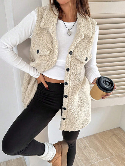 Gilet teddy doux en peluche pour femme avec poches