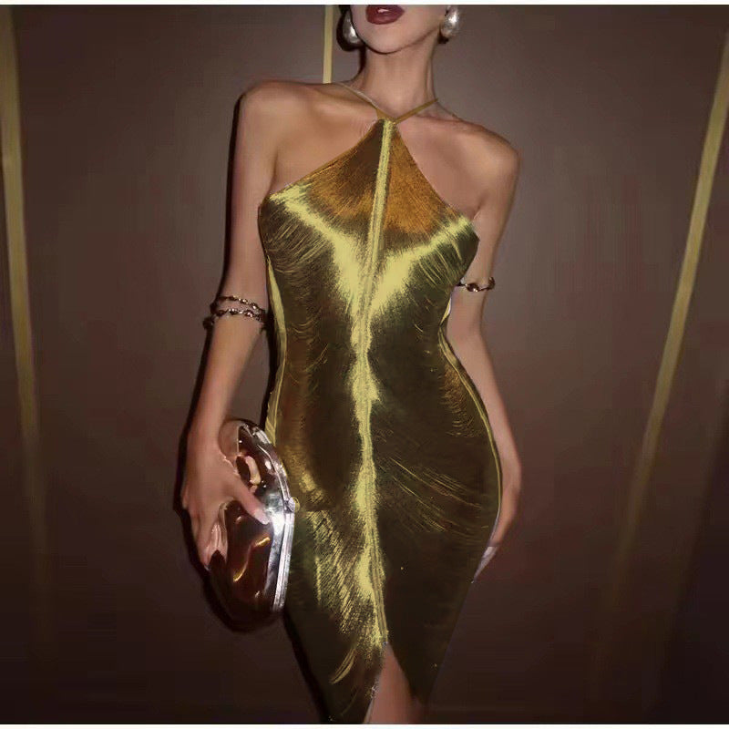 Robe de soirée femme Élégante Fente Or Décolleté