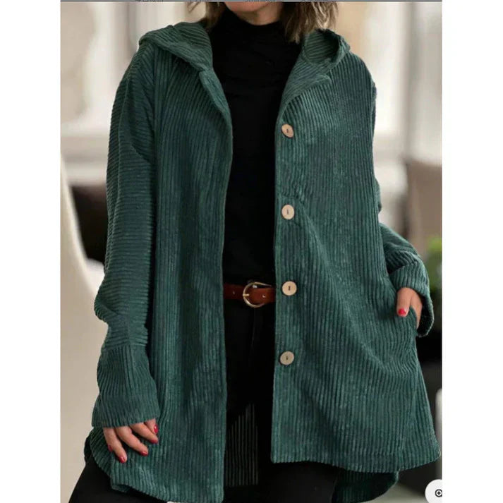 Veste en velours côtelé femme Capuche Boutons Mi-longue