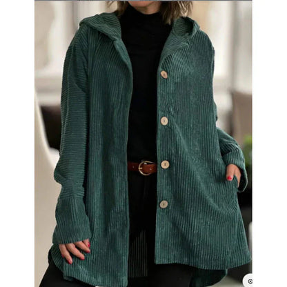 Veste en velours côtelé femme Capuche Boutons Mi-longue