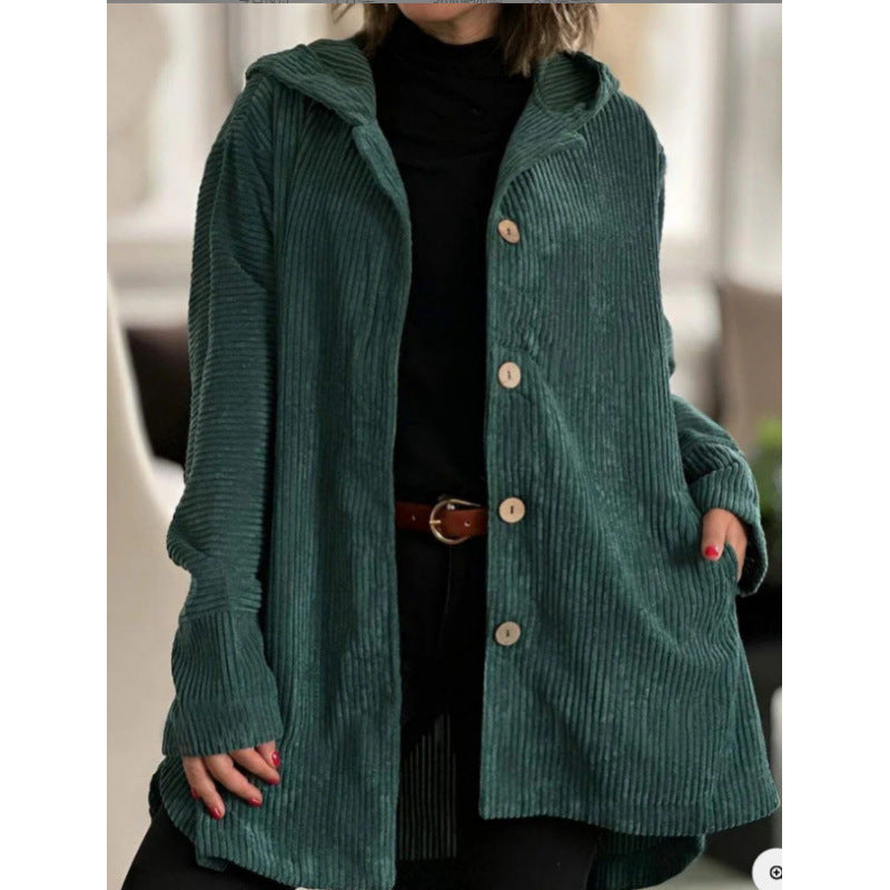 Veste à capuche en velours côtelé Confortable Mi-longue Boutons