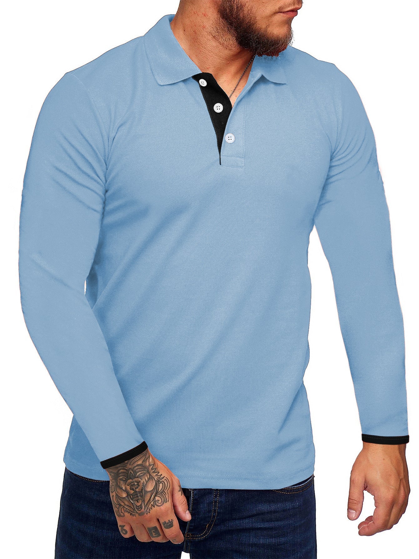 Polo homme manches longues, moderne, boutons contrastés