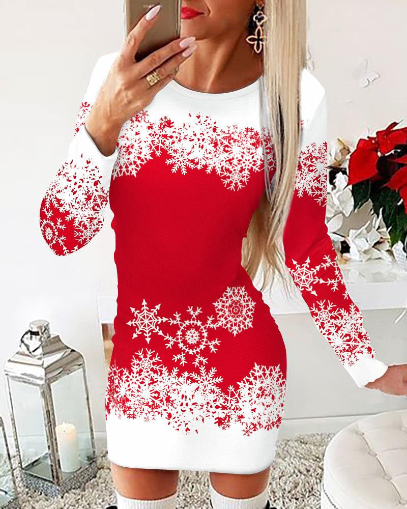 Robe de Noël Femme Manches Longues Flocons de Neige Élégante