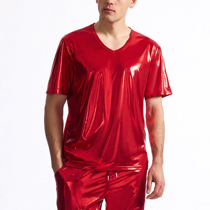 T-shirt homme col V aspect brillant qualité premium