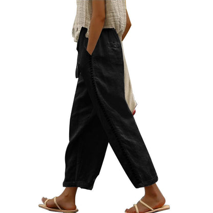 Pantalon Femme Lin Décontracté Dentelle Style Estival
