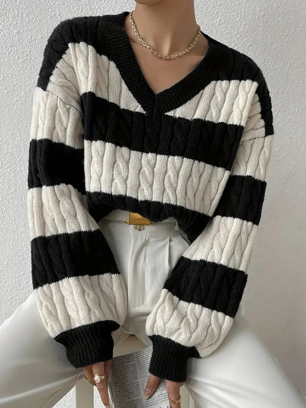 Pull en tricot pour femme col en V manches longues design élégant
