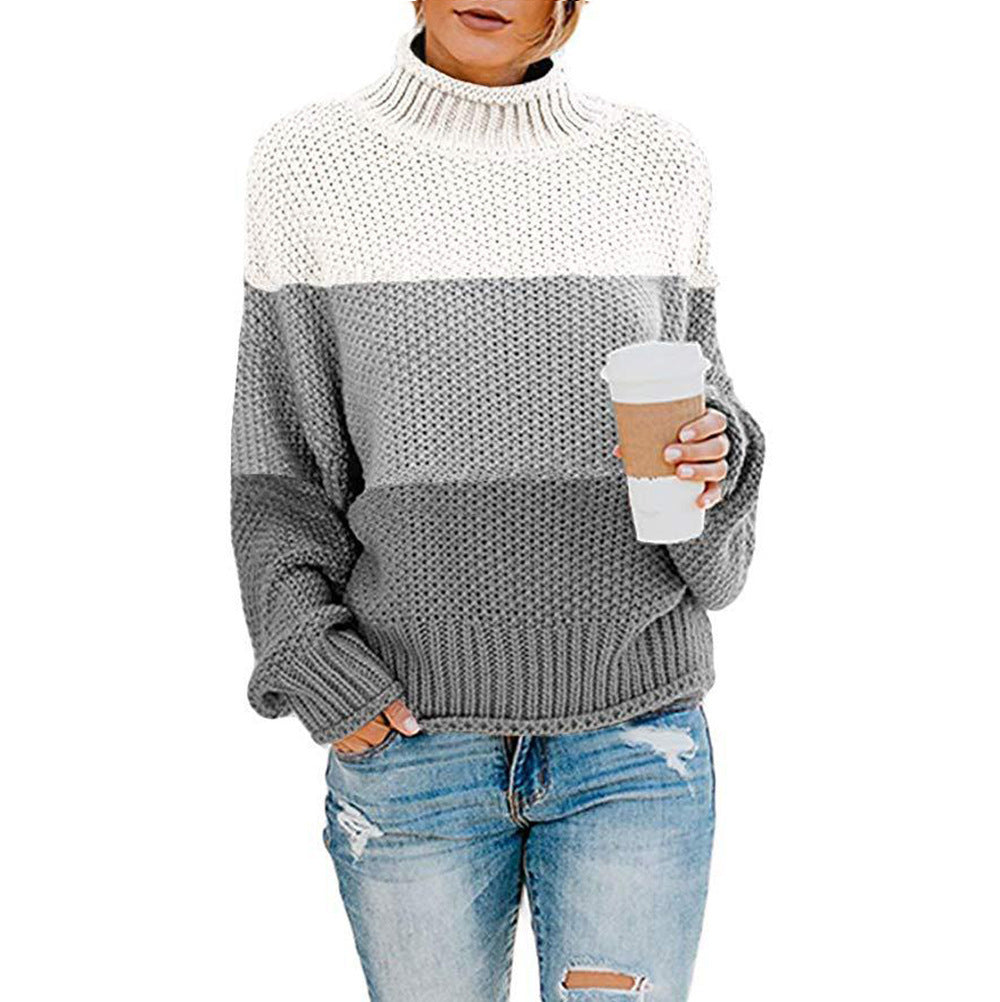 Pull Femme Gros Tricot Col Haut Moderne Color Block