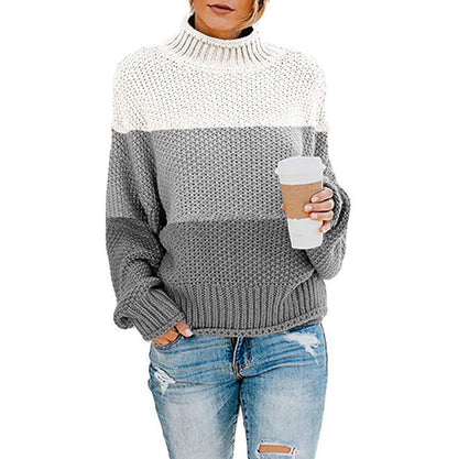 Pull Femme Gros Tricot Col Haut Moderne Color Block