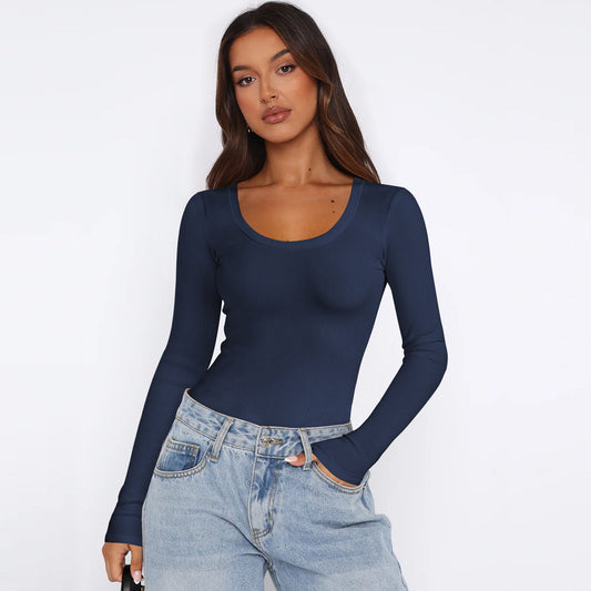 Damen Langarmtop Feinripp Rundhals Elegant - IdealeKleiden