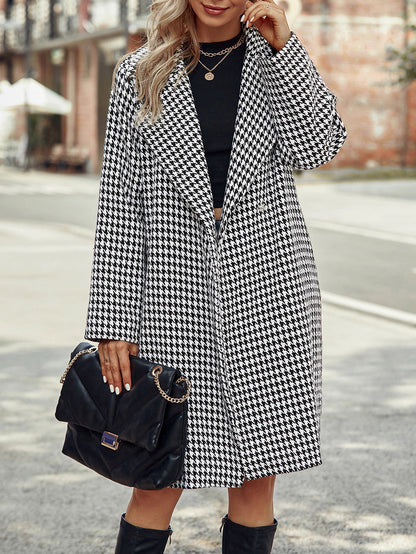 Manteau long femme mélange laine carreaux col revers
