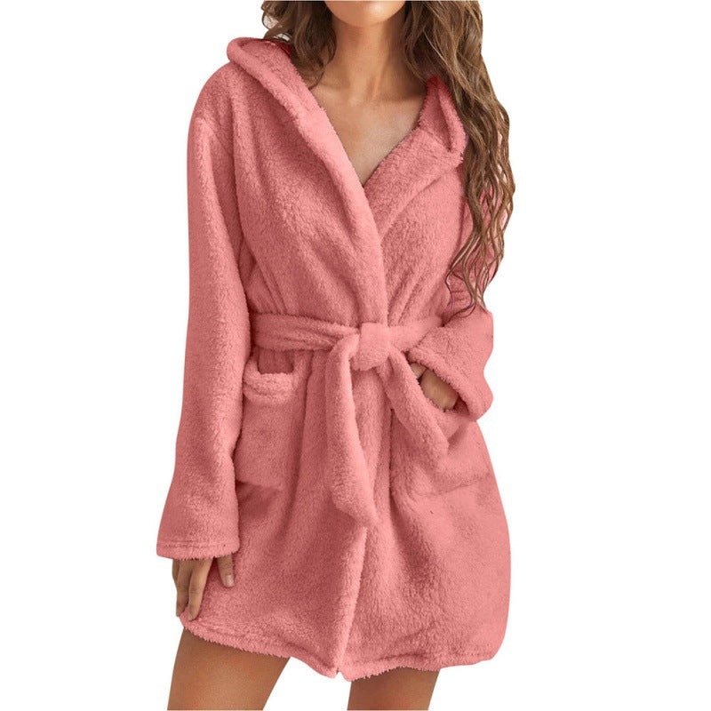 Robe de chambre polaire douce pour femme à capuche