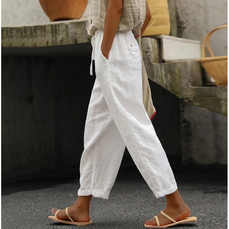 Pantalon en lin femme confortable élastique avec poches