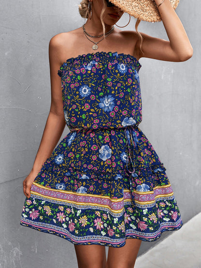 Robe d'été femme à fleurs élastique courte