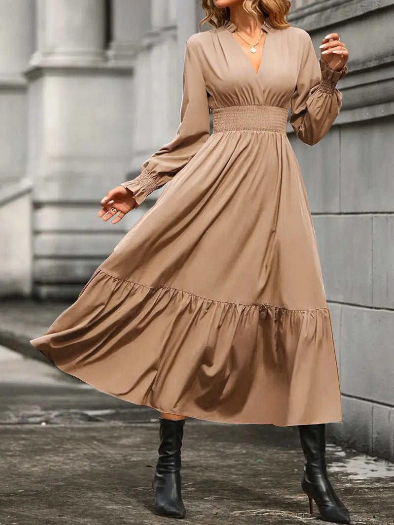 Robe longue femme élégante col en V manches bouffantes