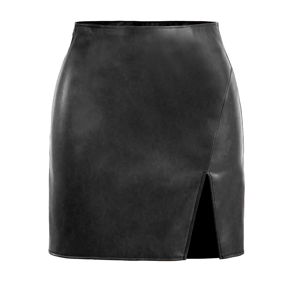 Jupes courtes en simili cuir pour femme avec fente latérale