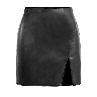Jupes courtes en simili cuir pour femme avec fente latérale
