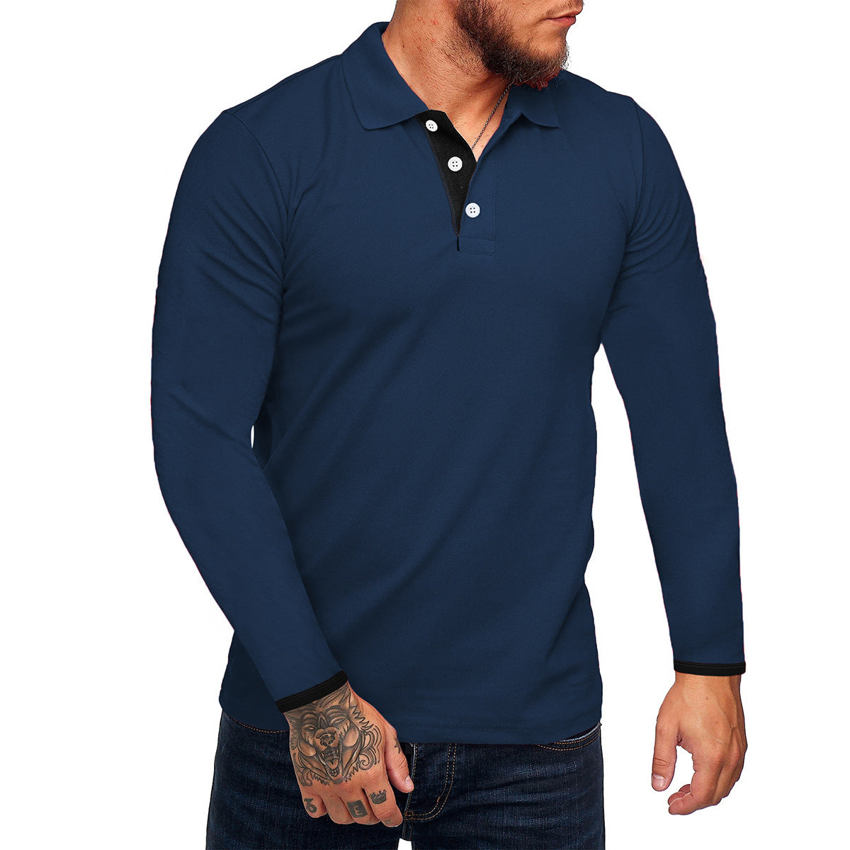 Polo homme manches longues, moderne, boutons contrastés