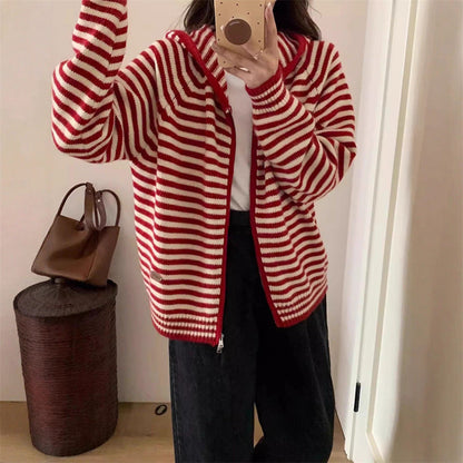 Veste rayée pour femme, parka à capuche avec poches