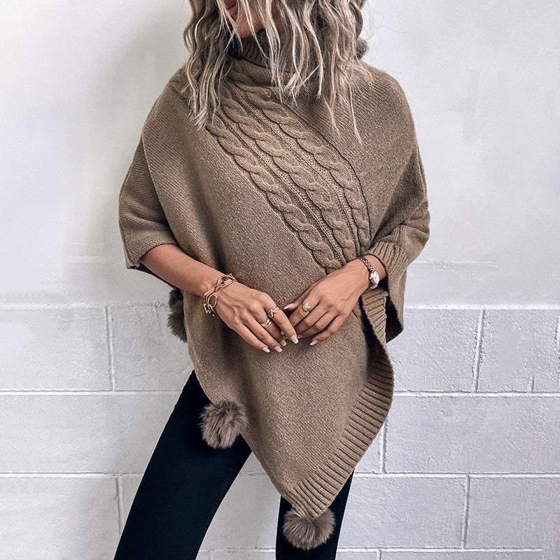Damen Poncho Modern Zopfmuster Hochkragen - IdealeKleiden