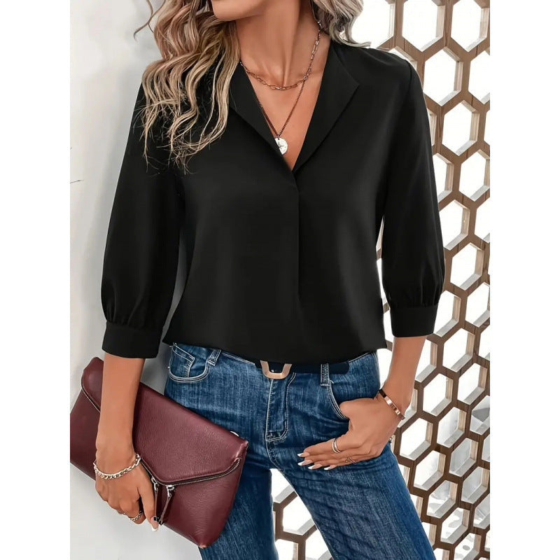 Chemisier Femme Col en V Manches 3/4 Design Élégant