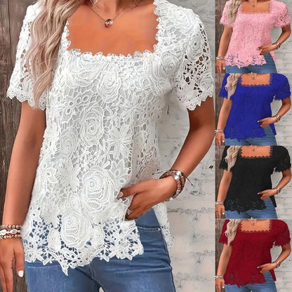 Damen Spitzen Top mit Quadrat Ausschnitt und Dekor Ärmeln - IdealeKleiden