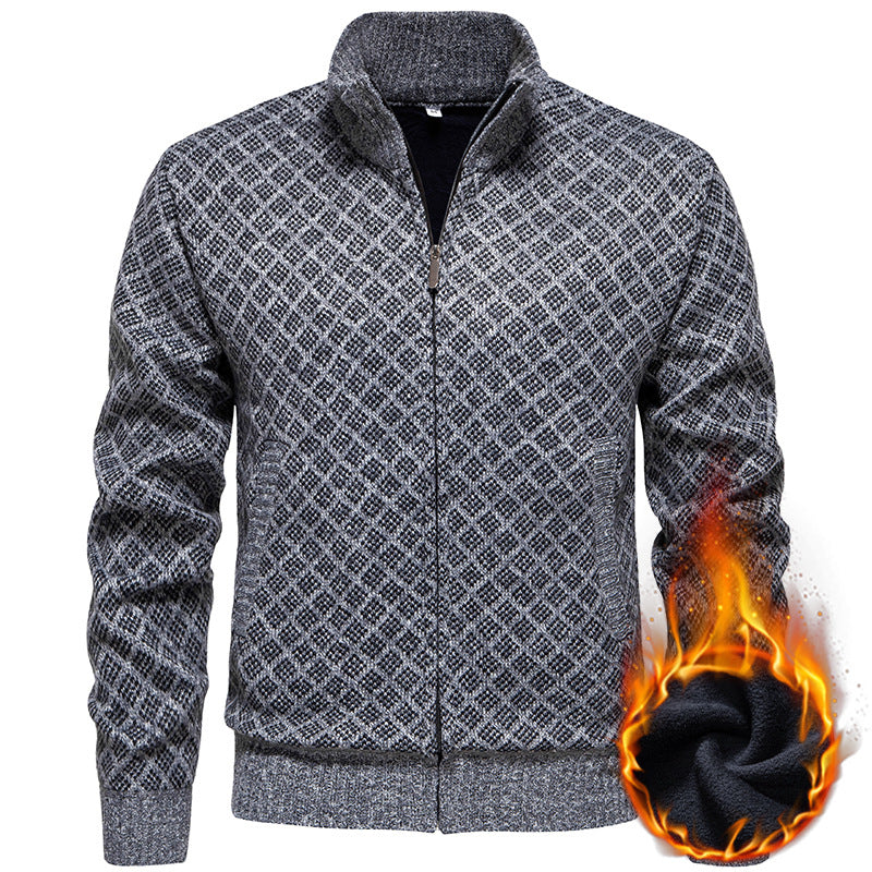 Herren Strickjacke Modern Karo Muster Zipper - IdealeKleiden
