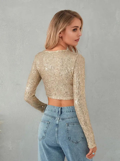 Haut à paillettes manches longues pour femme, élégant, robe de soirée