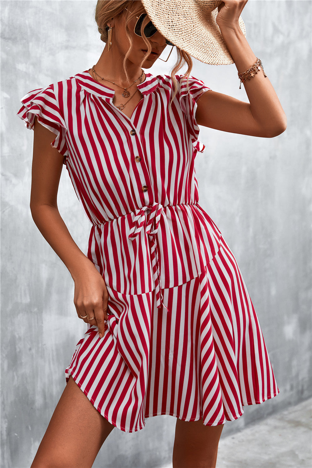 Robe d'été femme à rayures élégante et volants