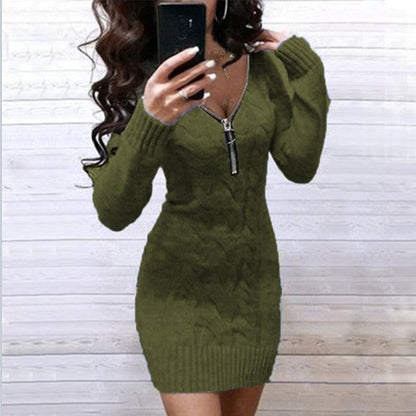 Robe pull en tricot pour femme avec fermeture éclair et motif torsadé
