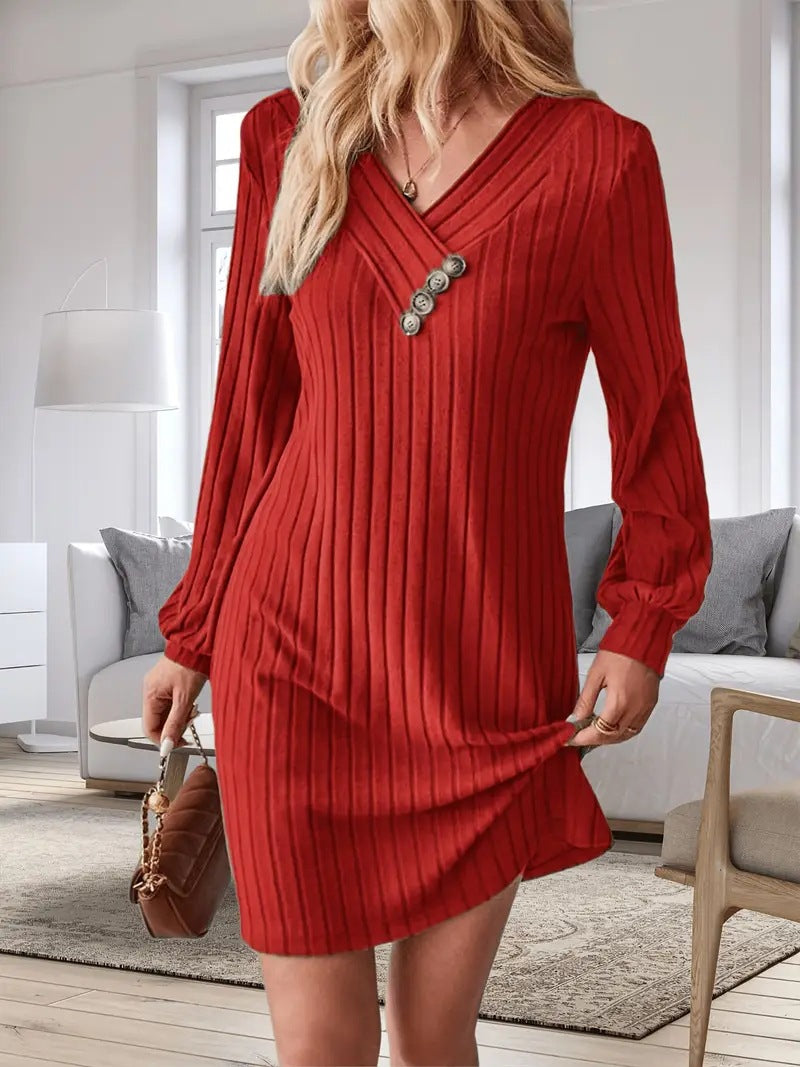 Robe fourreau élégante pour femme avec décolleté en V et boutons décoratifs