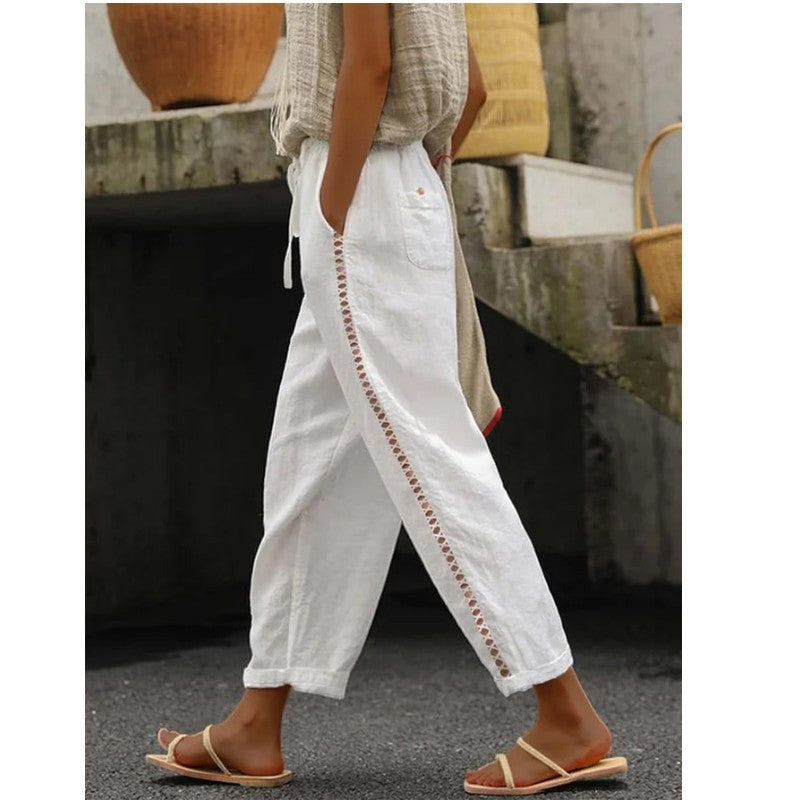 Pantalon Femme Lin Décontracté Dentelle Style Estival