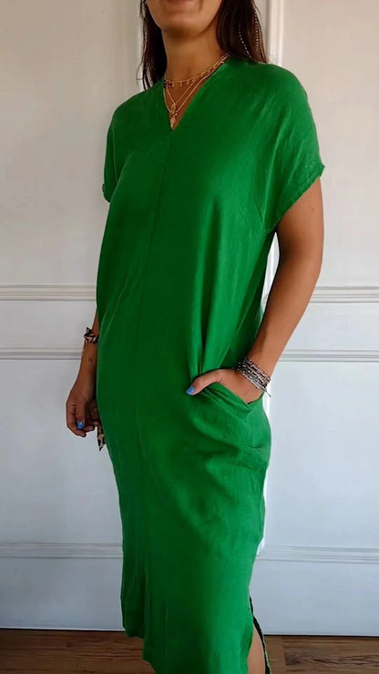 Robe d'été femme viscose lin élégante col en V