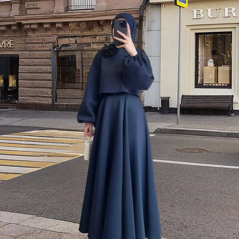 Robe longue élégante à fleurs et manches bouffantes pour femmes